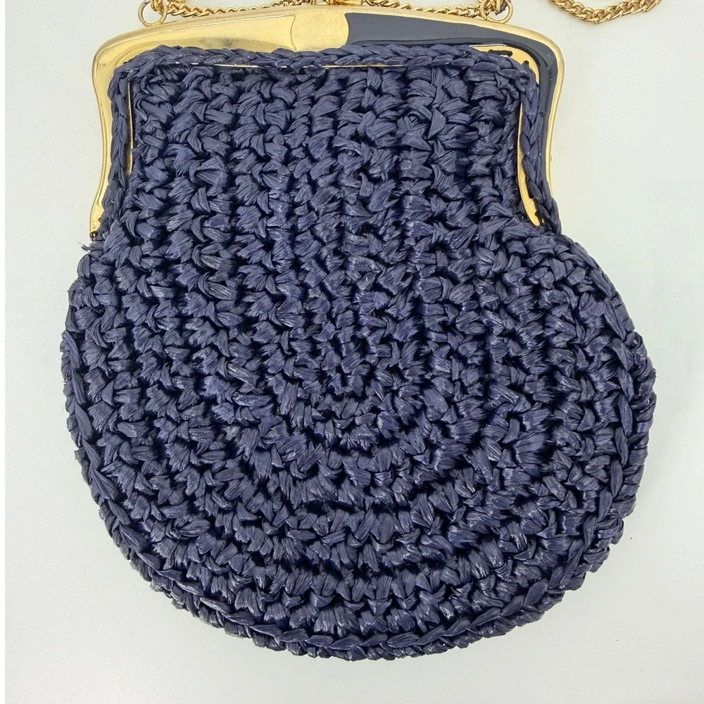 Vintage Walborg Navy Blue Raffia Crochet Kiss Lock Evening Bag Made in Italy